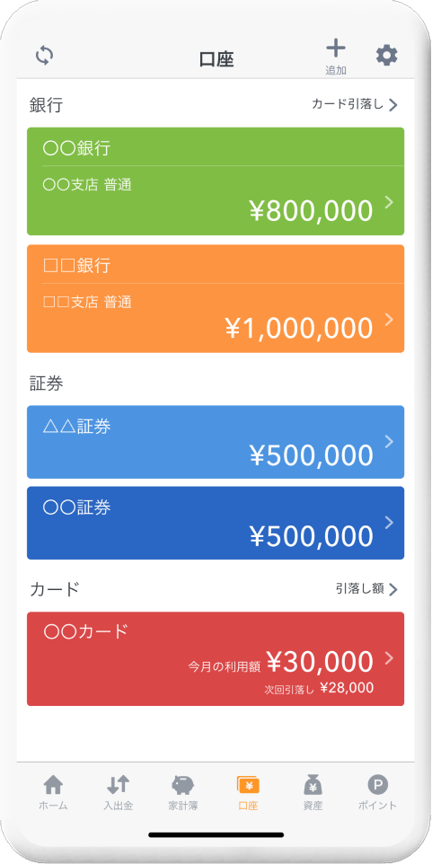 マネーフォワード MEの口座一覧画面（公式サンプル画像）。銀行・証券・カードの残高が種別ごとに並んでいる
