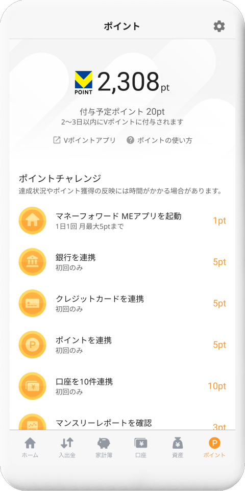 マネーフォワード MEのポイント画面（公式サンプル画像）。Vポイントの残高と、ポイントチャレンジの獲得条件が一覧で表示されている