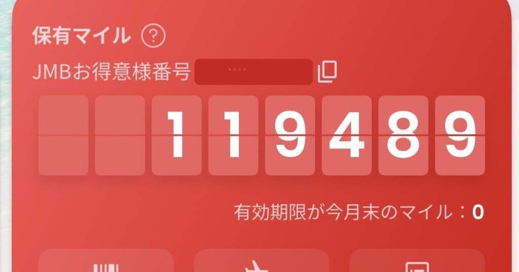 JALマイレージバンクの保有マイル画面。119,489マイルを保有